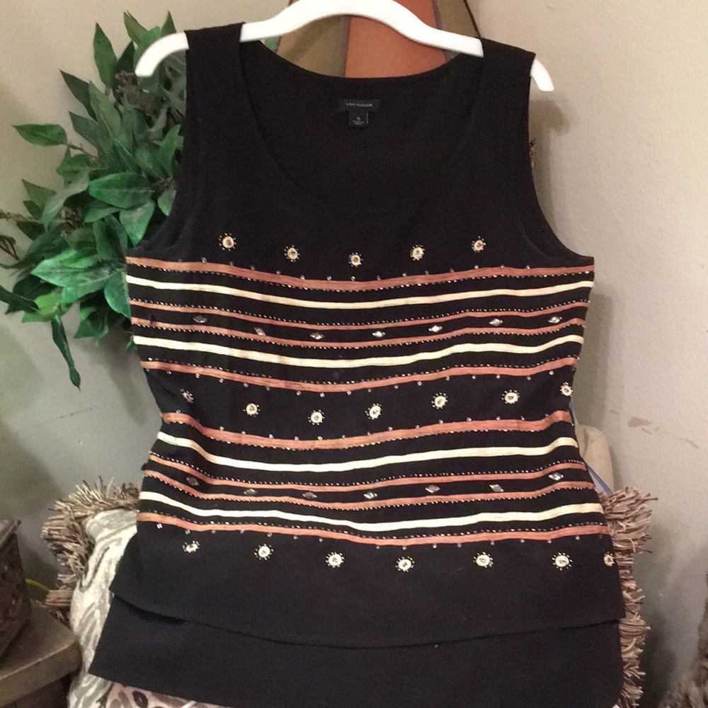 Ann Taylor black top with striped embellishments on front